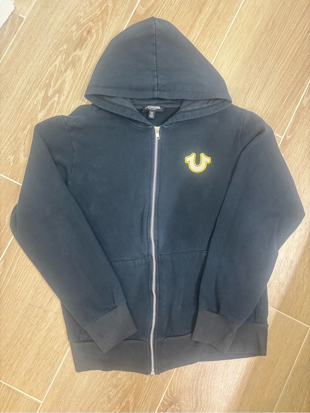 True Religion Kids Black Zip Hoodie with Yellow Logo Patch